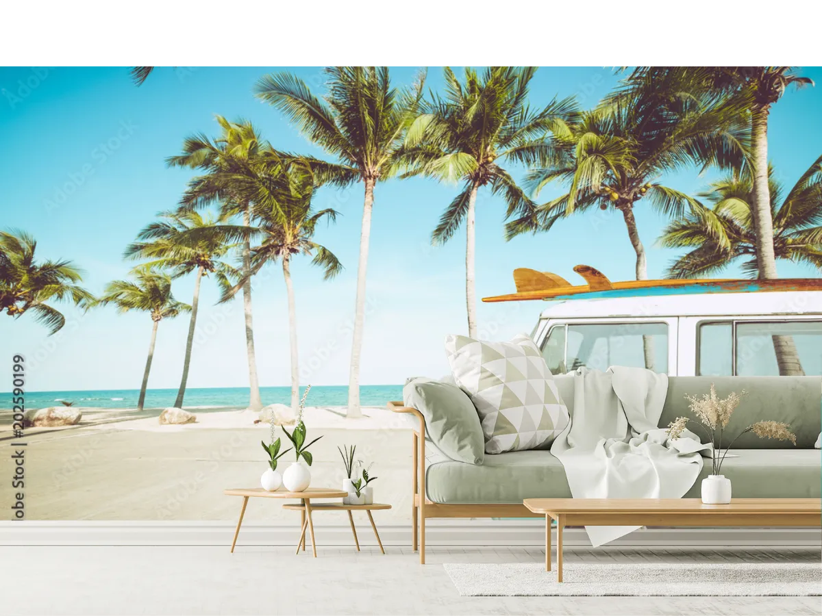 Mural Playa Vintage Palmera Escape - Vinil Arquitectónico y Papel Tapiz