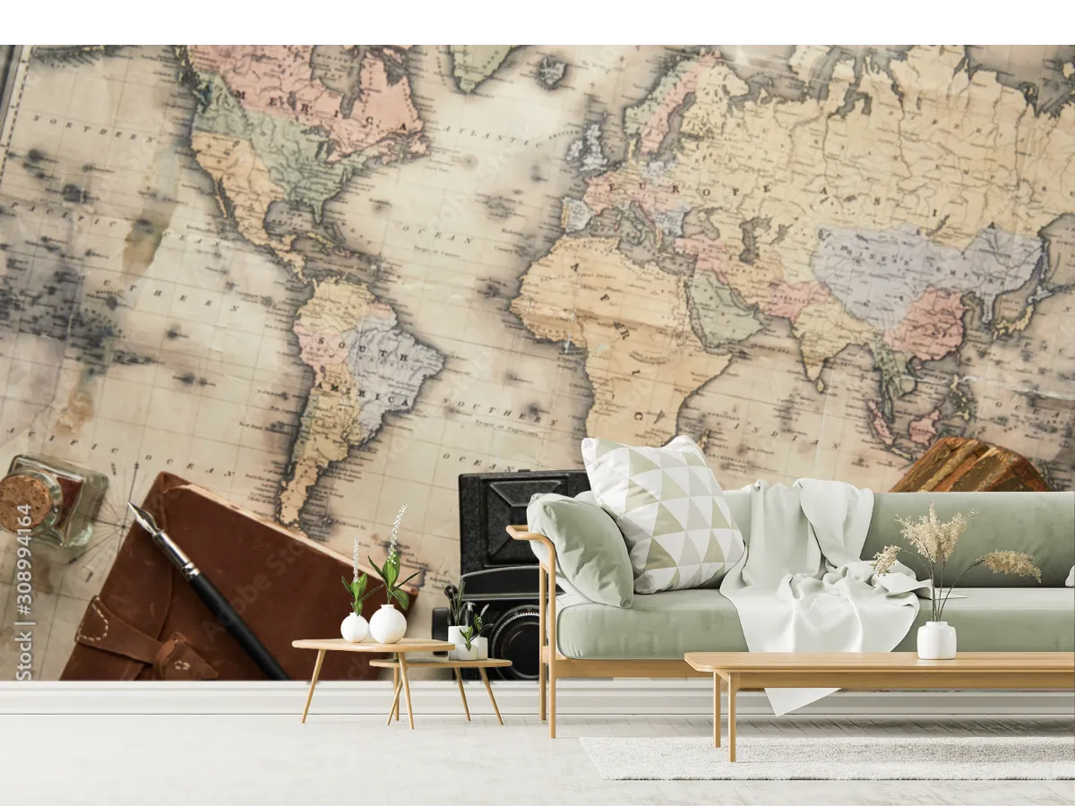 Mural Mapa Vintage Mundo Aventurero en Vinil Arquitectónico