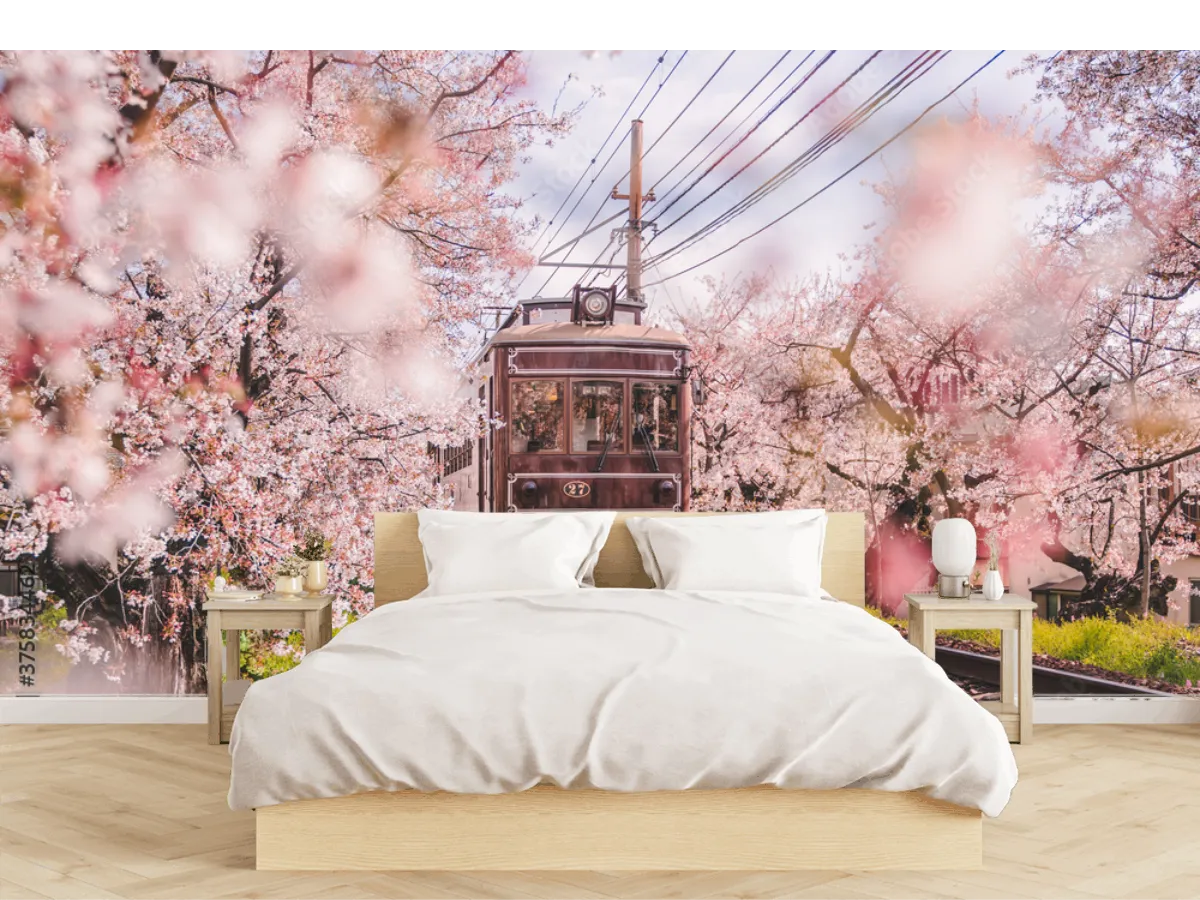 Mural Sakura Nostálgica en Tren - Fotomural Decorativo Personalizable