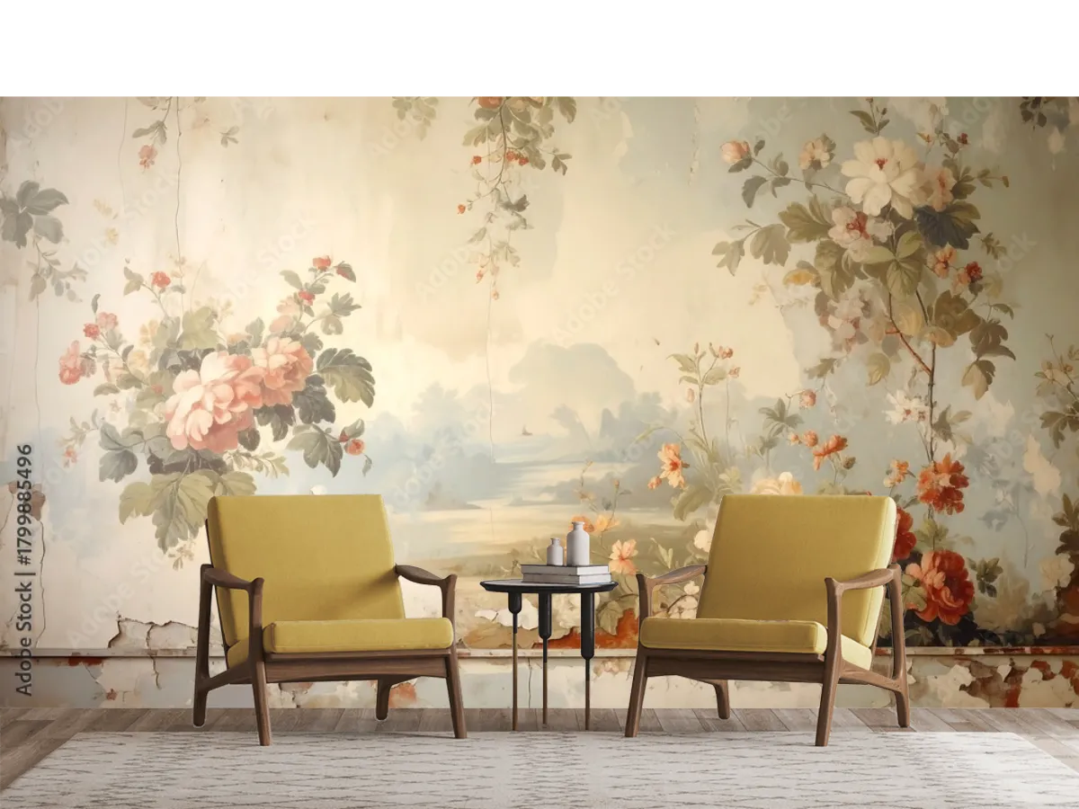 Mural Nostalgia Floral en Vinil Arquitectónico o Papel Tapiz – Fotomural Decorativo Vintage