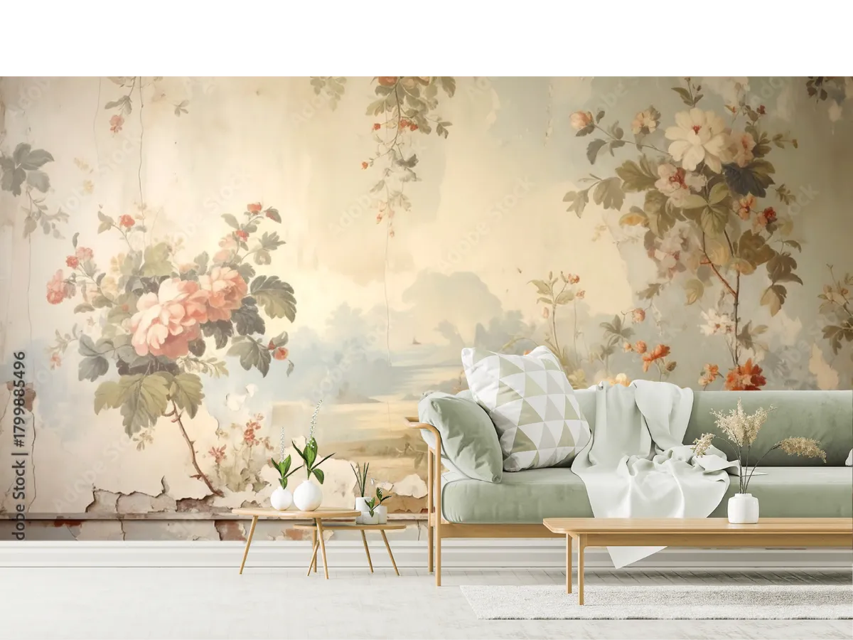 Mural Nostalgia Floral en Vinil Arquitectónico o Papel Tapiz – Fotomural Decorativo Vintage