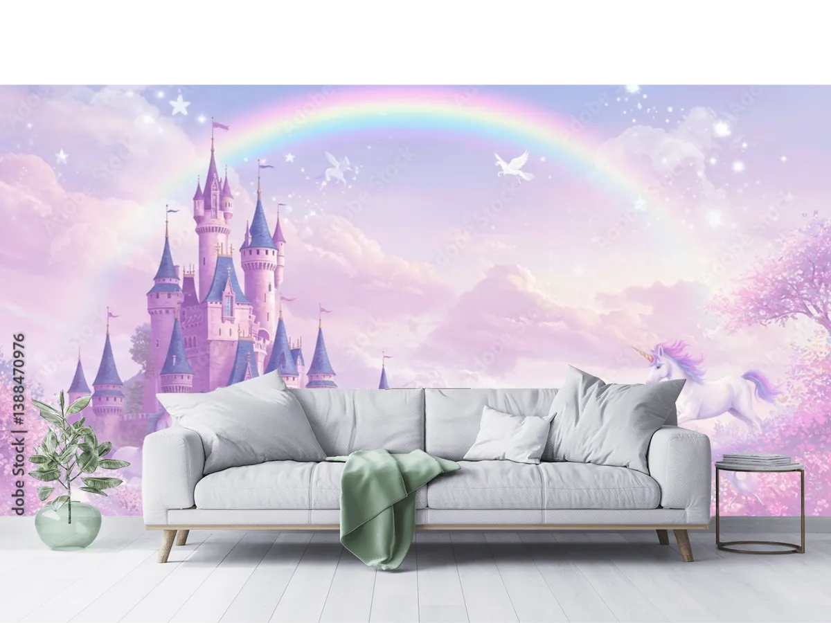 Mural Castillo de Ensueño con Unicornios – Fotomural para recámara infantil en vinil o papel tapiz