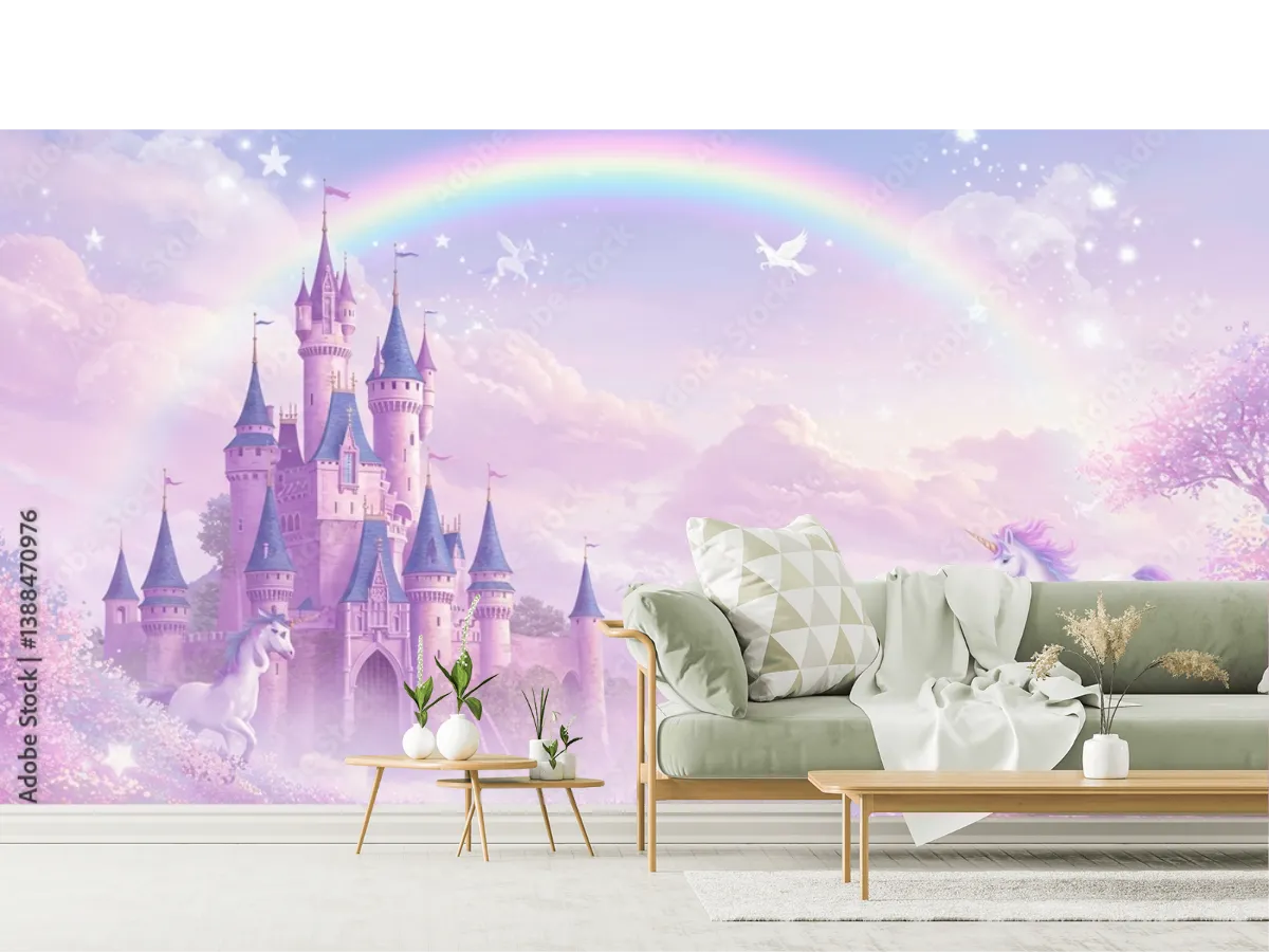 Mural Castillo de Ensueño con Unicornios – Fotomural para recámara infantil en vinil o papel tapiz