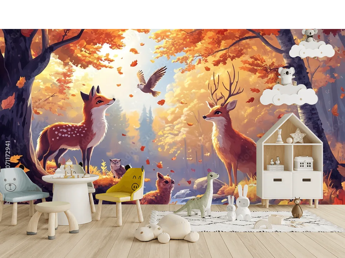 Mural Bosque Encantado Animales Otoño en Vinil o Tapiz