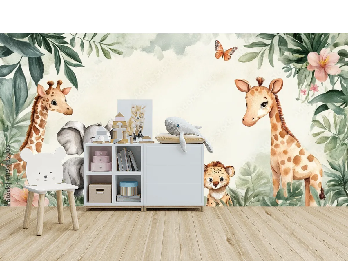 Mural Infantil Safari Juguetón para Pared - Modelo Selva Dulce (Vinil, Tapiz, Mural)