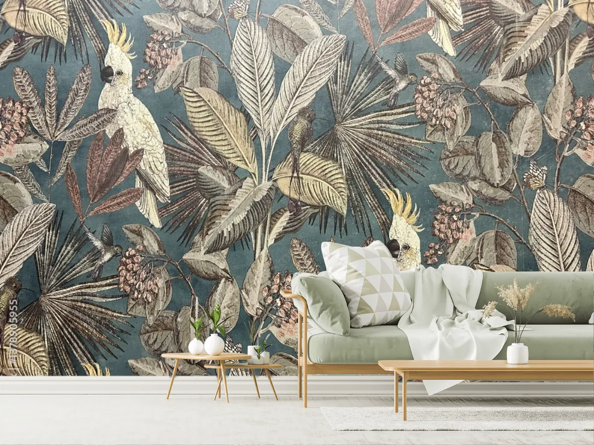 Mural Tropicóctel con Cacatúas para Sala o Recámara – Vinil, Papel Tapiz y Contract