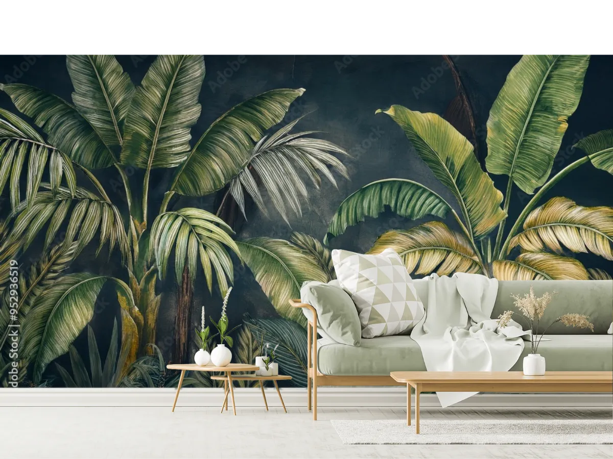 Mural Tropical Nocturno: Luxuria Botánica para Paredes Modernas