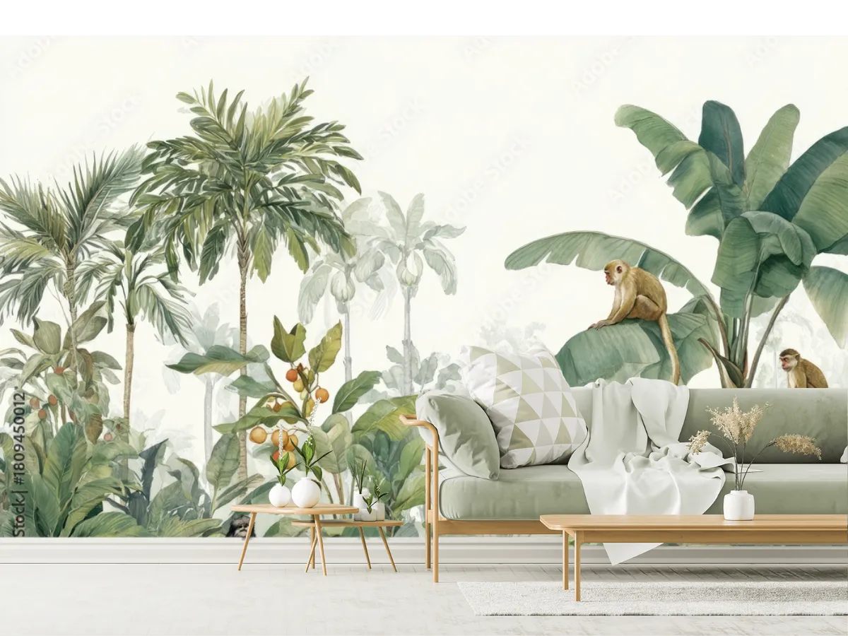 Mural Tropical Monos y Palmeras Vinil Arquitectónico | Fotomural Decorativo