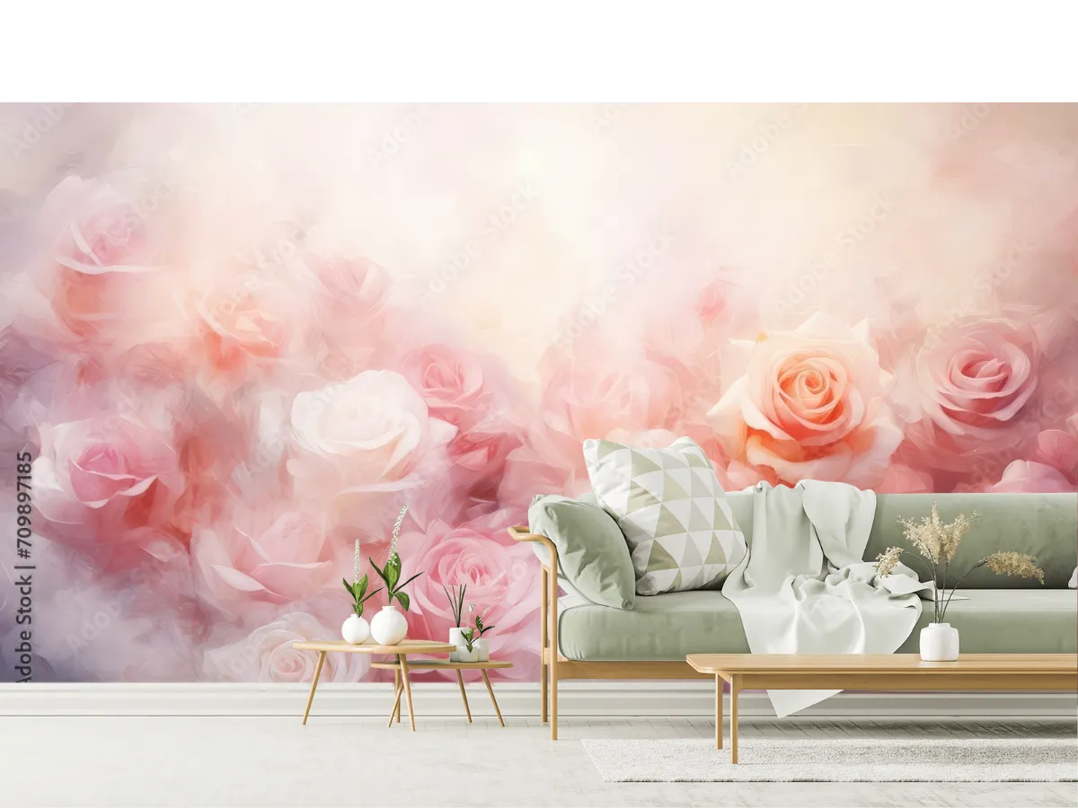 Mural Rosas Etéreas Modelo Romance Pastel para sala, vinil o tapiz personalizado