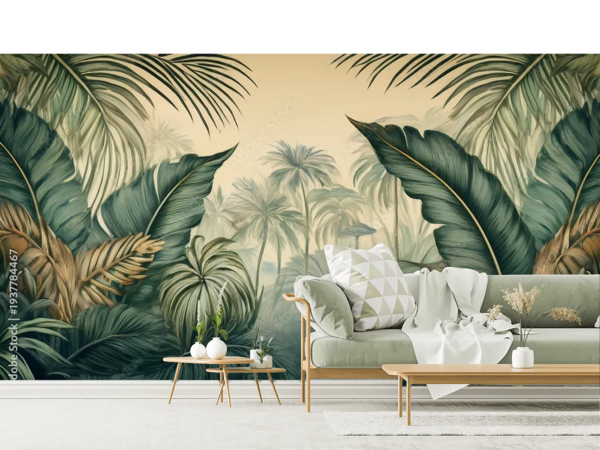 Mural Cálido Oasis Tropical para Decoración de Sala - Vinil Arquitectónico y Papel Tapiz
