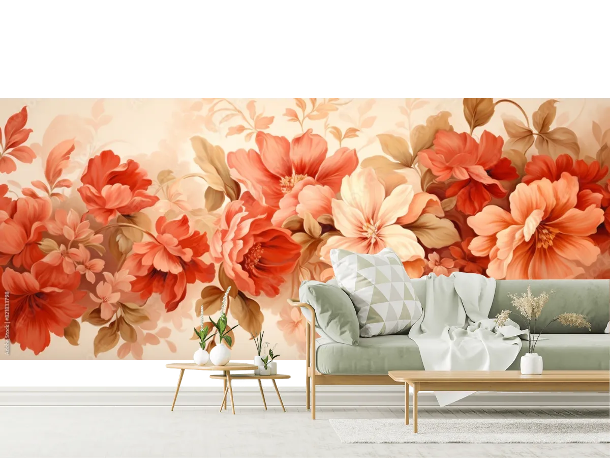 Mural Flores Cálidas en Vinil Arquitectónico o Papel Tapiz Decorativo