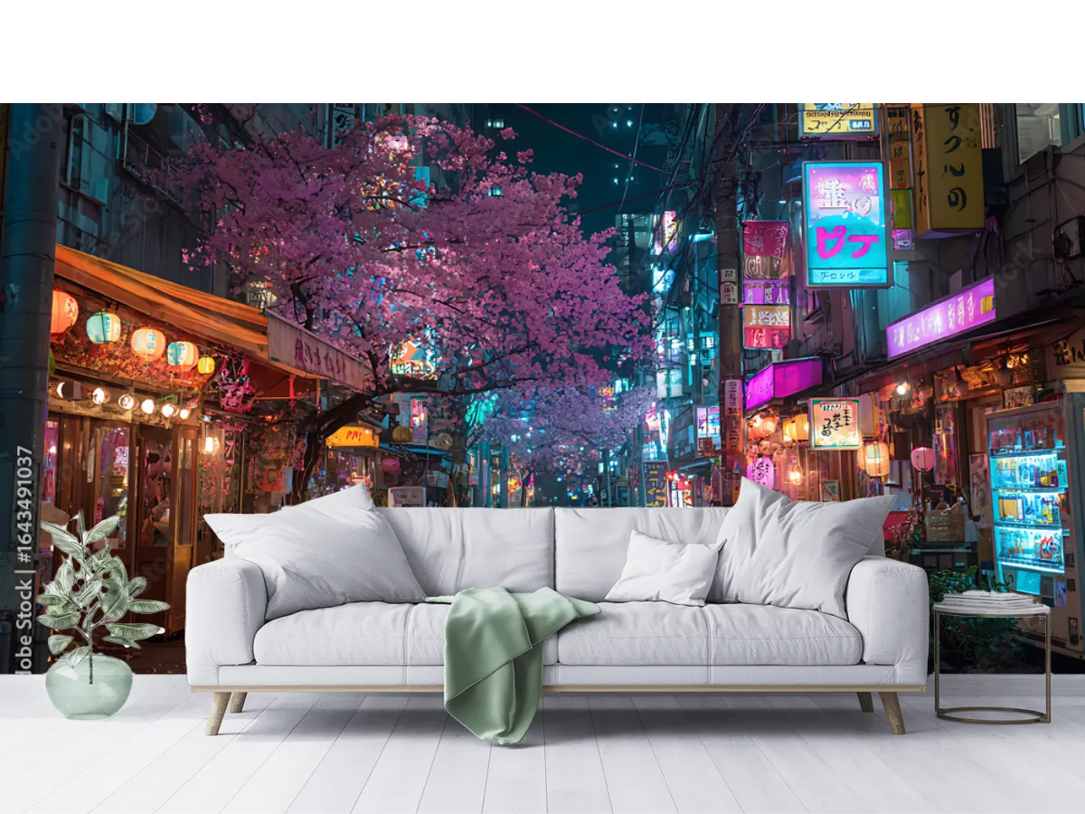 Mural Sakura Nocturna Urbana – Fotomural Decorativo Personalizado