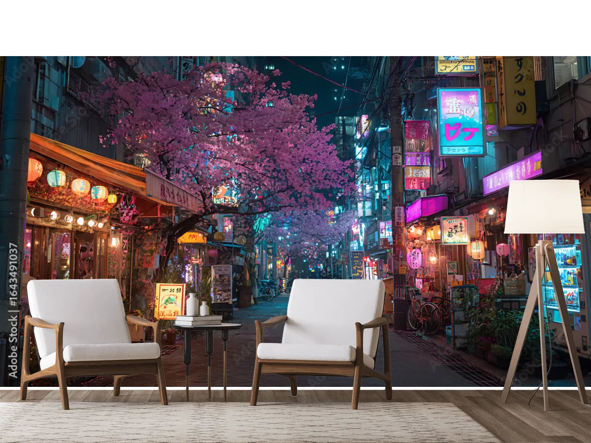 Mural Sakura Nocturna Urbana – Fotomural Decorativo Personalizado