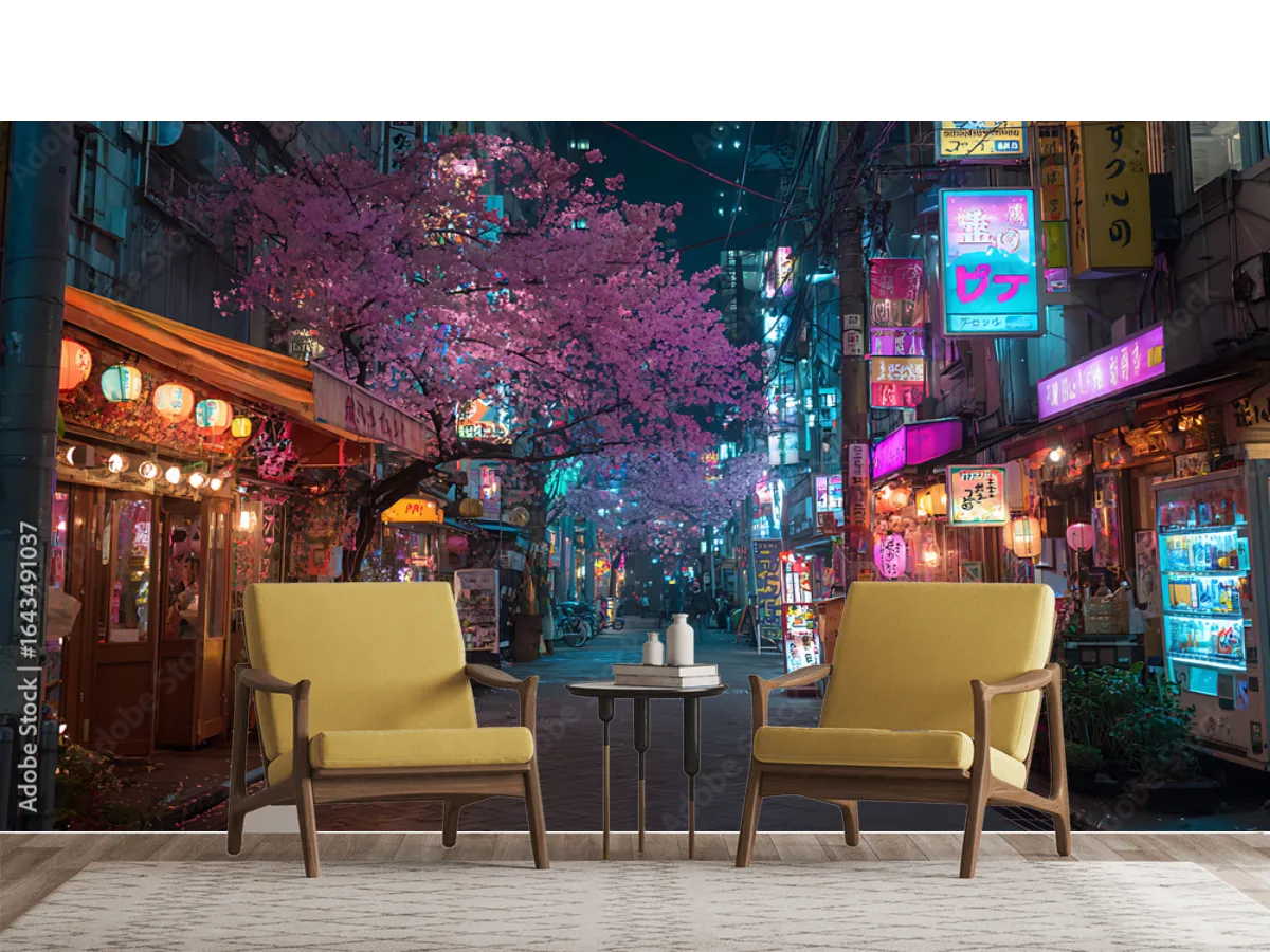 Mural Sakura Nocturna Urbana – Fotomural Decorativo Personalizado