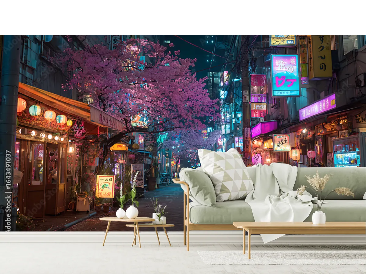 Mural Sakura Nocturna Urbana – Fotomural Decorativo Personalizado