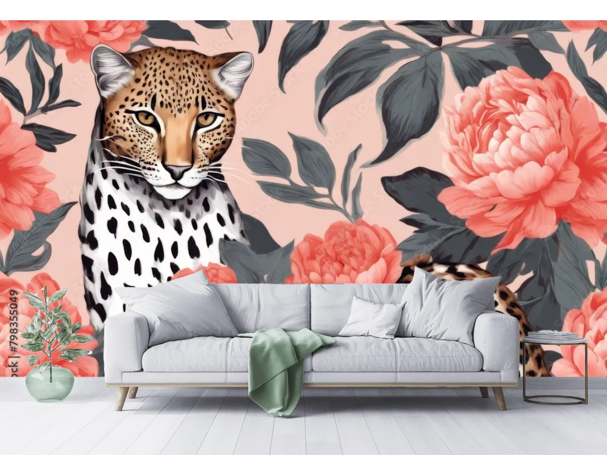 Mural Jaguar Fabuloso en Flores | Fotomural decorativo vinil, tapiz texturizado