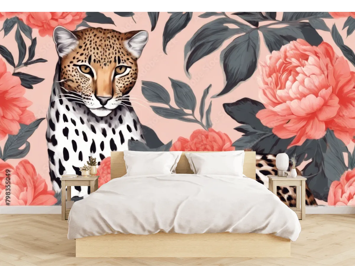 Mural Jaguar Fabuloso en Flores | Fotomural decorativo vinil, tapiz texturizado