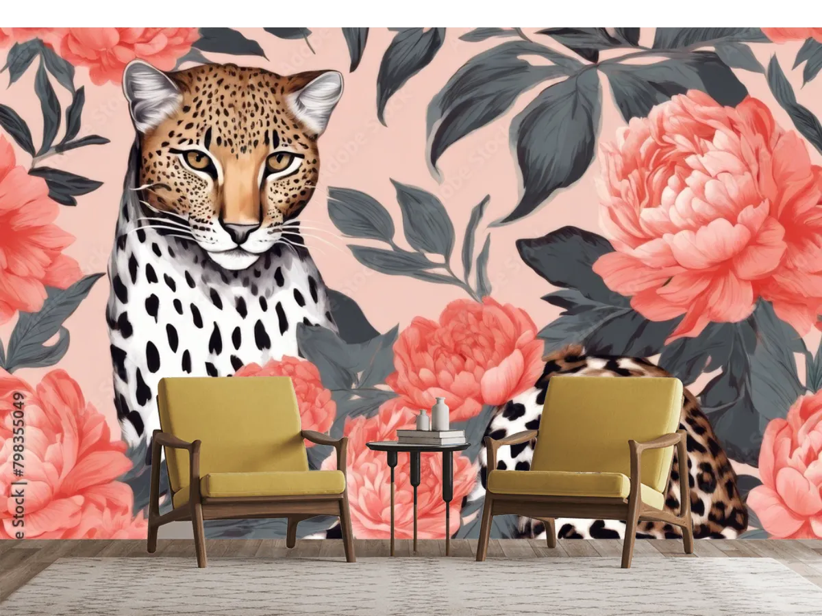 Mural Jaguar Fabuloso en Flores | Fotomural decorativo vinil, tapiz texturizado