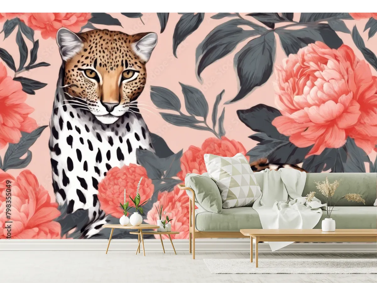 Mural Jaguar Fabuloso en Flores | Fotomural decorativo vinil, tapiz texturizado