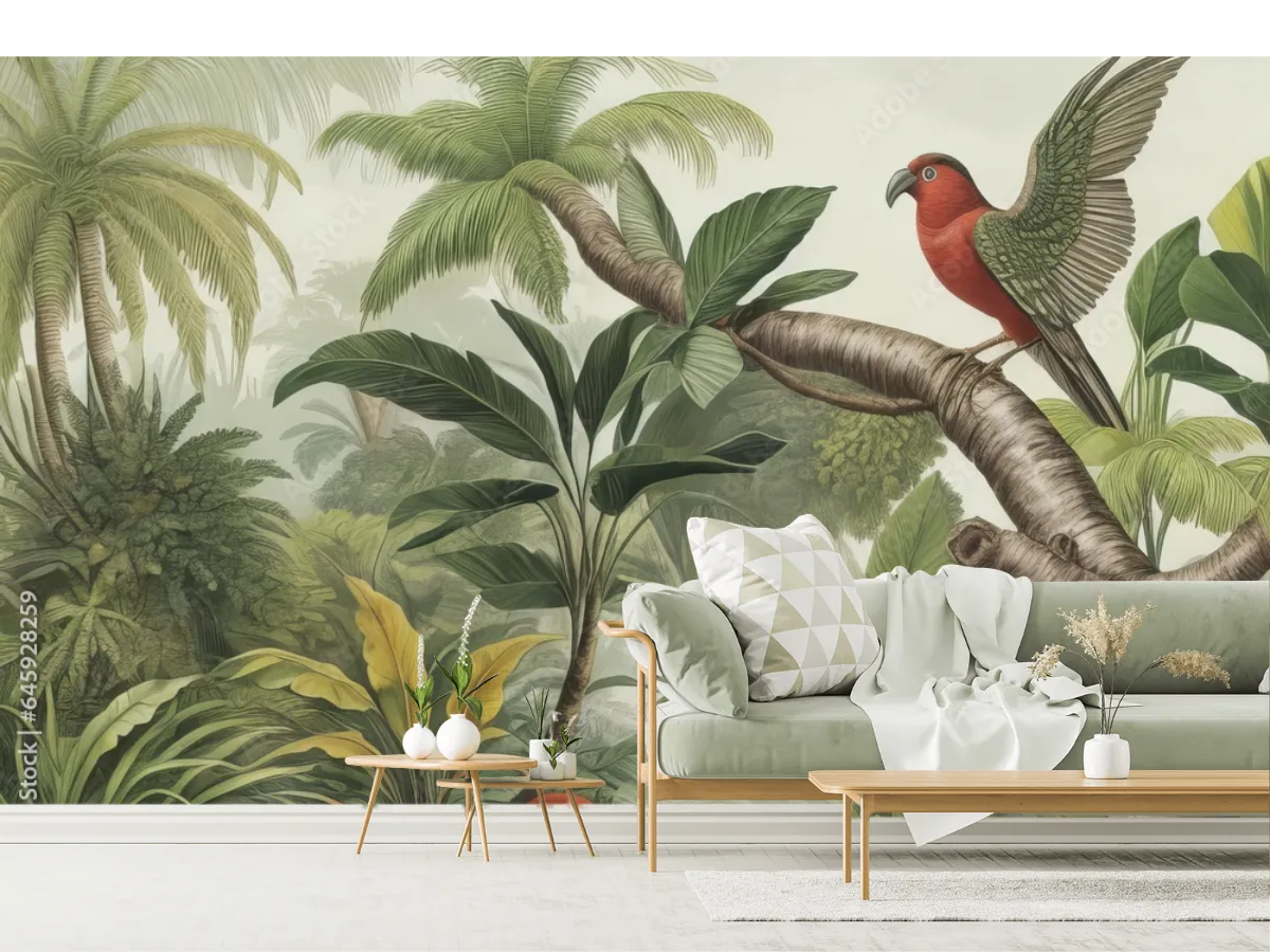 Mural Bosque Tropical Paraíso con Ave Roja | Vinil, Tapiz Liso o Texturizado