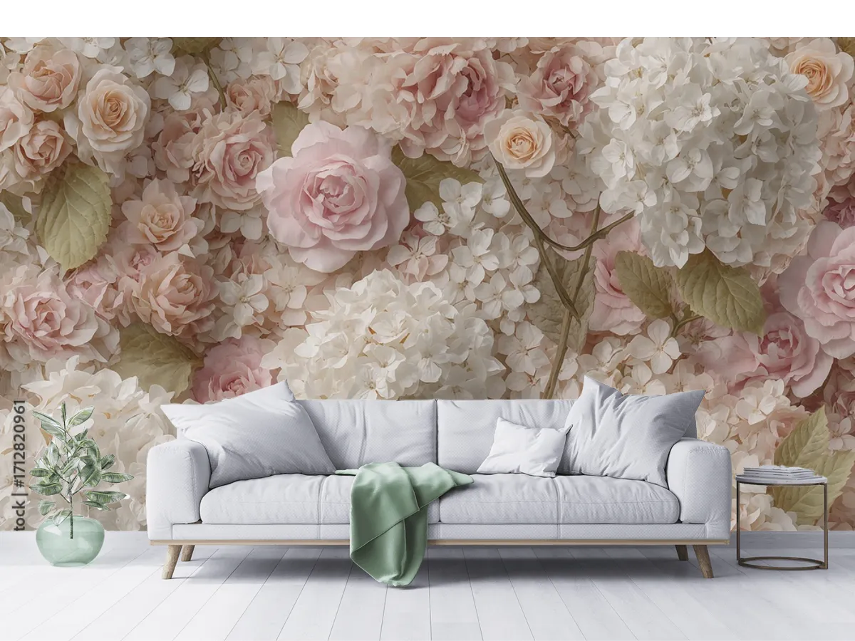 Mural Rosas & Hidrangeas Encanto Floral - Fotomural Decorativo Vinil o Papel Tapiz