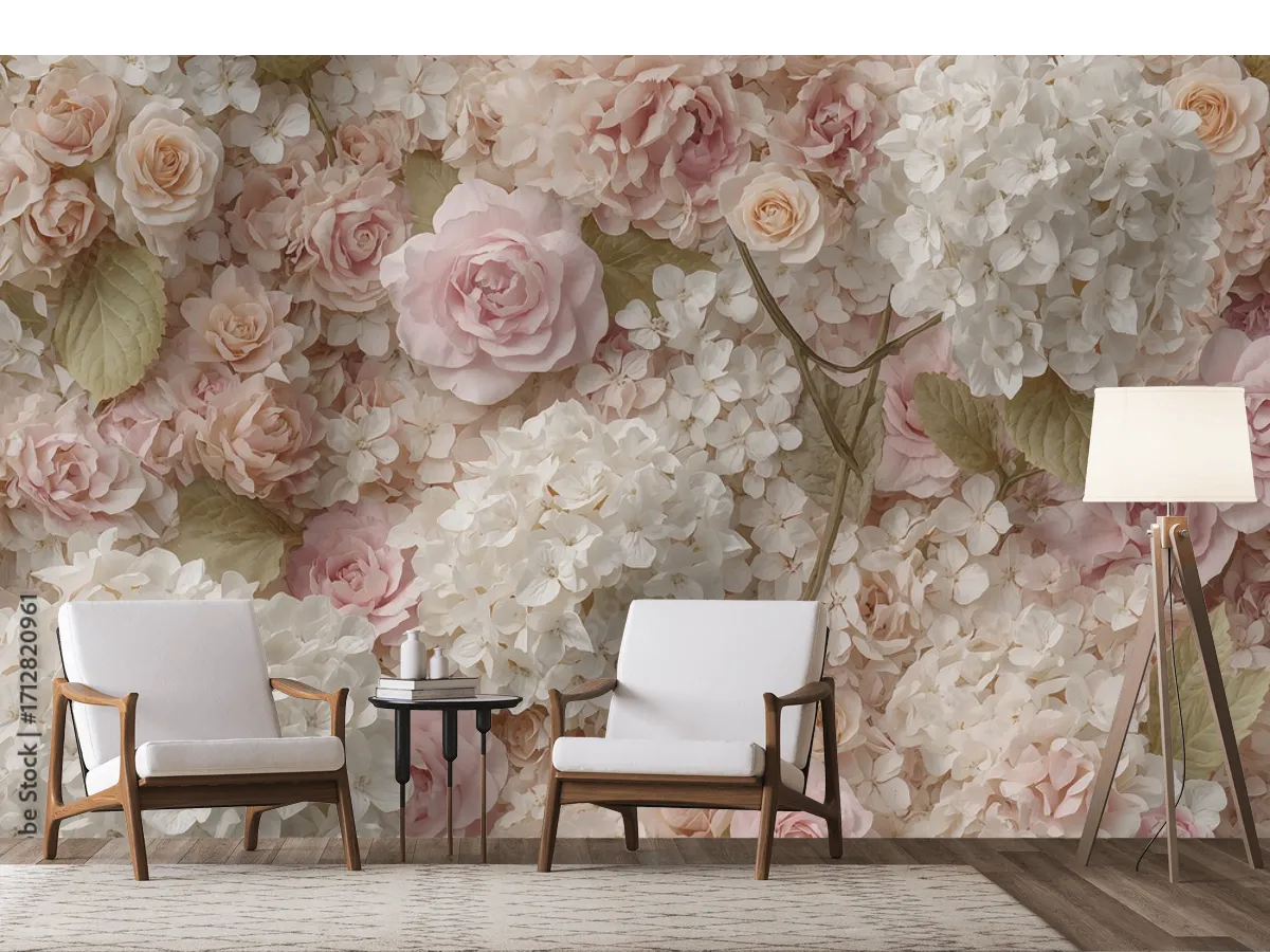 Mural Rosas & Hidrangeas Encanto Floral - Fotomural Decorativo Vinil o Papel Tapiz