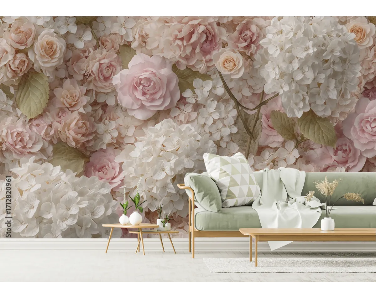 Mural Rosas & Hidrangeas Encanto Floral - Fotomural Decorativo Vinil o Papel Tapiz