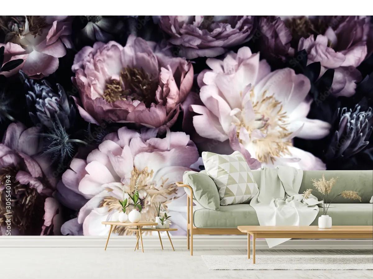 Mural Botánico Peonías Encantadas para Pared - Vinil y Papel Tapiz Decorativo