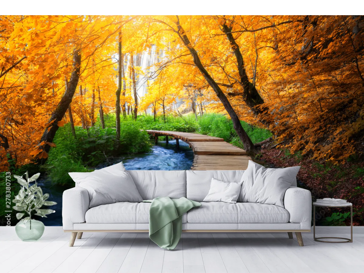 Mural Camino Dorado de Otoño - Fotomural Decorativo para Sala en Vinil o Papel Tapiz