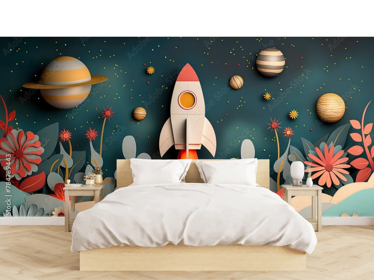 Mural Cohete Soñador Espacial para Niños en Vinil Arquitectónico o Papel Tapiz