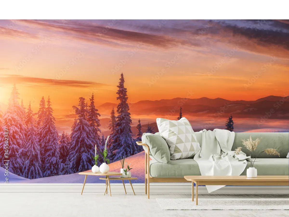 Mural Bosque Nevado Amanecer - Fotomural Decorativo en Vinil o Papel Tapiz