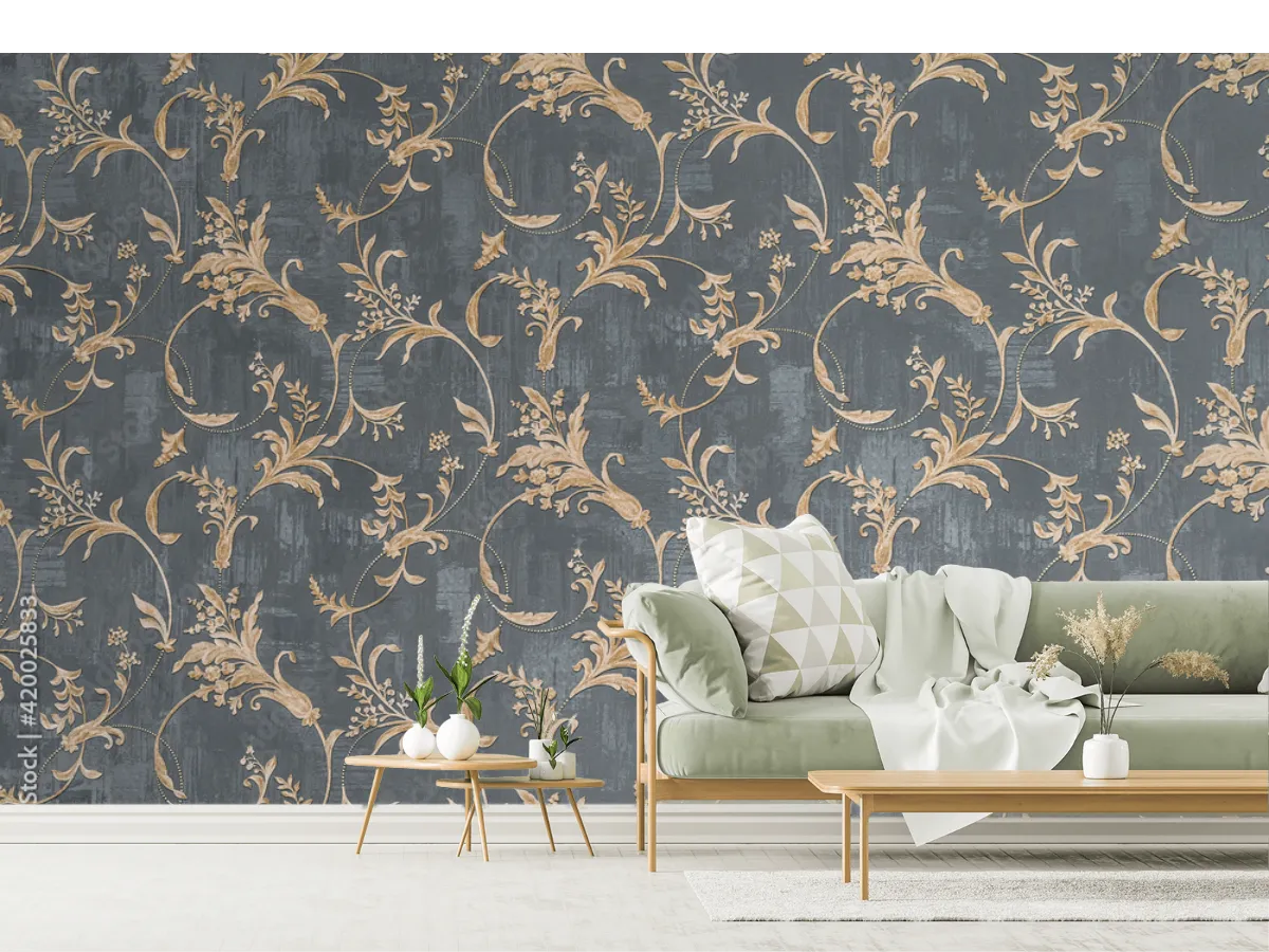 Mural Estilo Clásico Gris Damasco Floral para Sala y Recámara