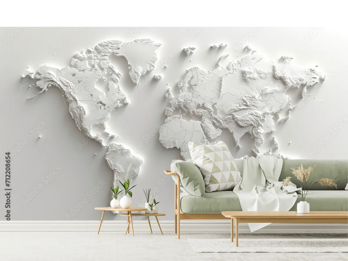 Mural Mapamundi Blanco Minimalista Vinil o Tapiz Para Pared