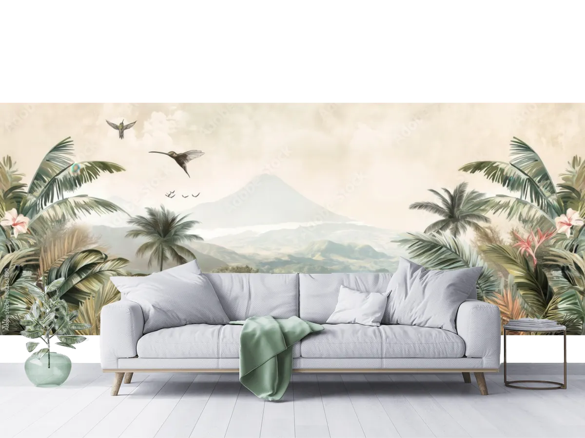 Modelo Paraíso Tropical Fotomural Decorativo de Montaña y Palmeras