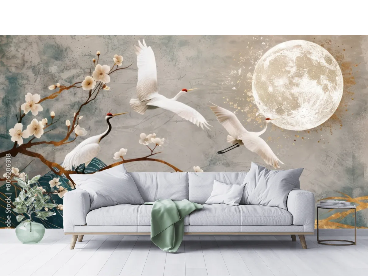 Mural Grullas Lunares Zen para decoración de sala o recámara