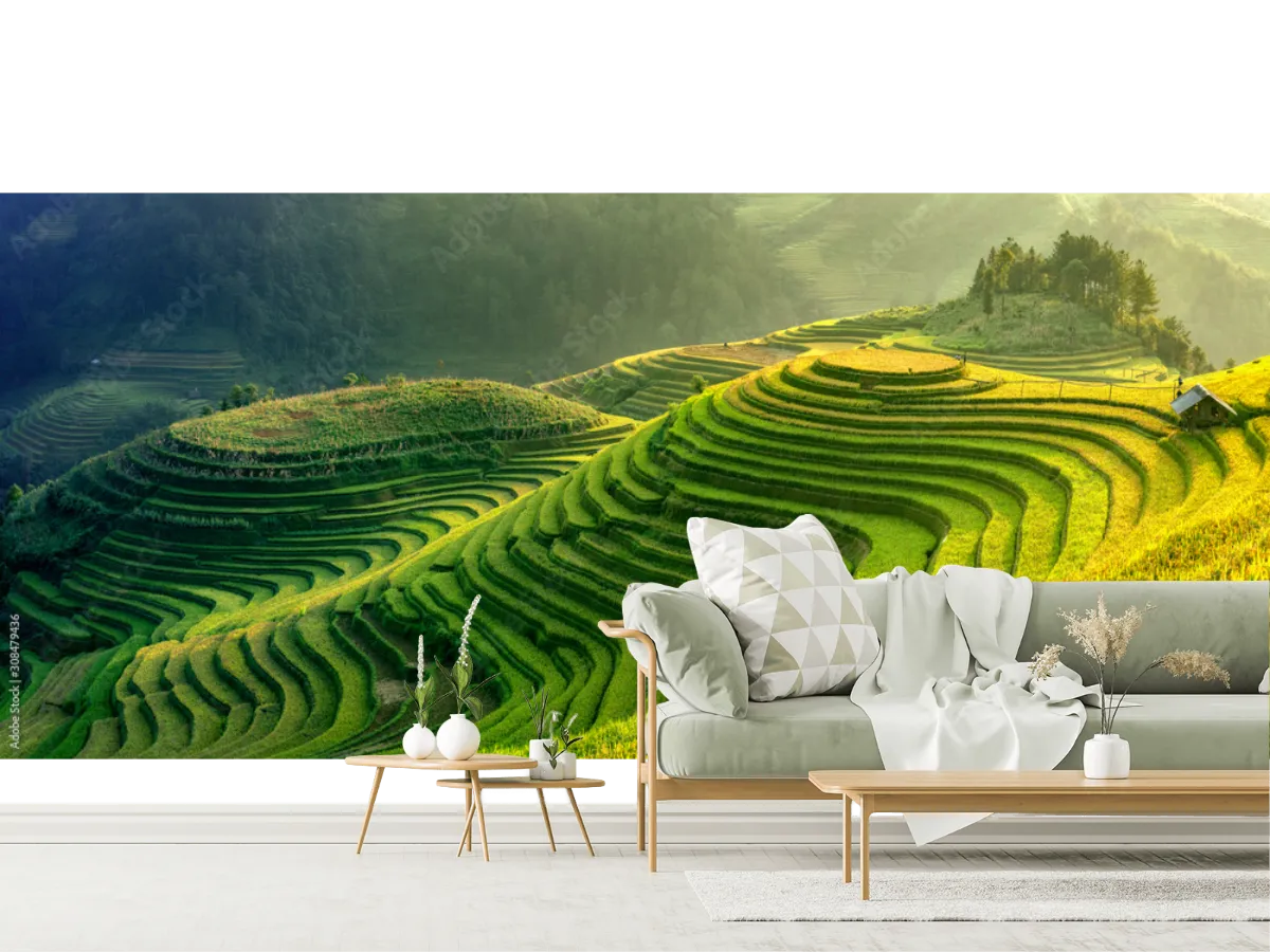 Mural Terraza de Arroz Esmeralda para decoración de sala | Vinil Arquitectónico y Tapiz