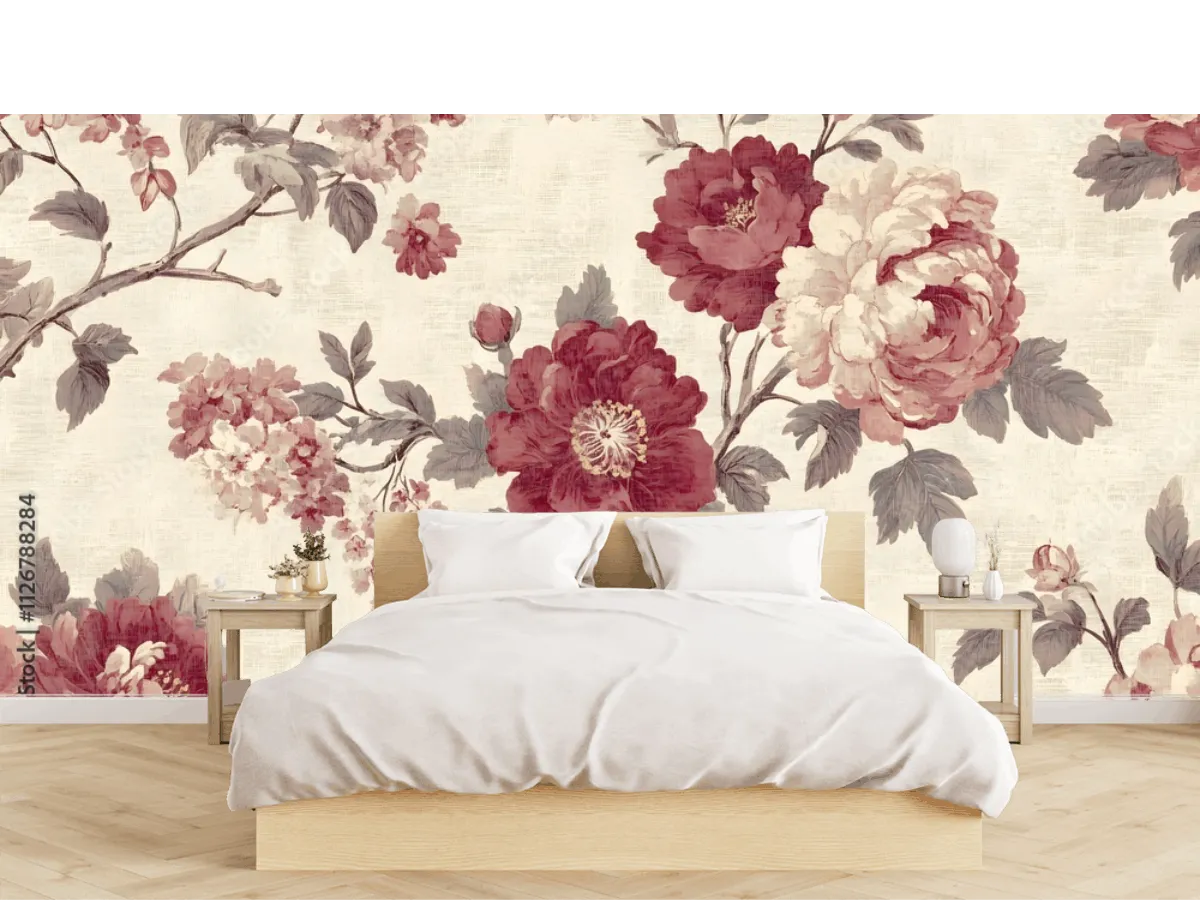 Mural Peonías Vintage Floral para Decoración de Pared Sala | Vinil y Papel Tapiz
