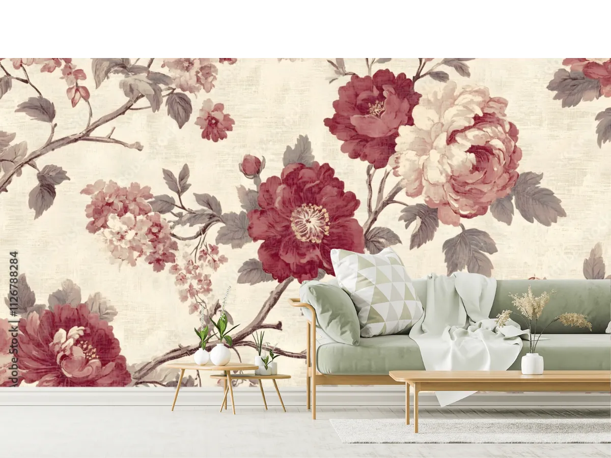 Mural Peonías Vintage Floral para Decoración de Pared Sala | Vinil y Papel Tapiz