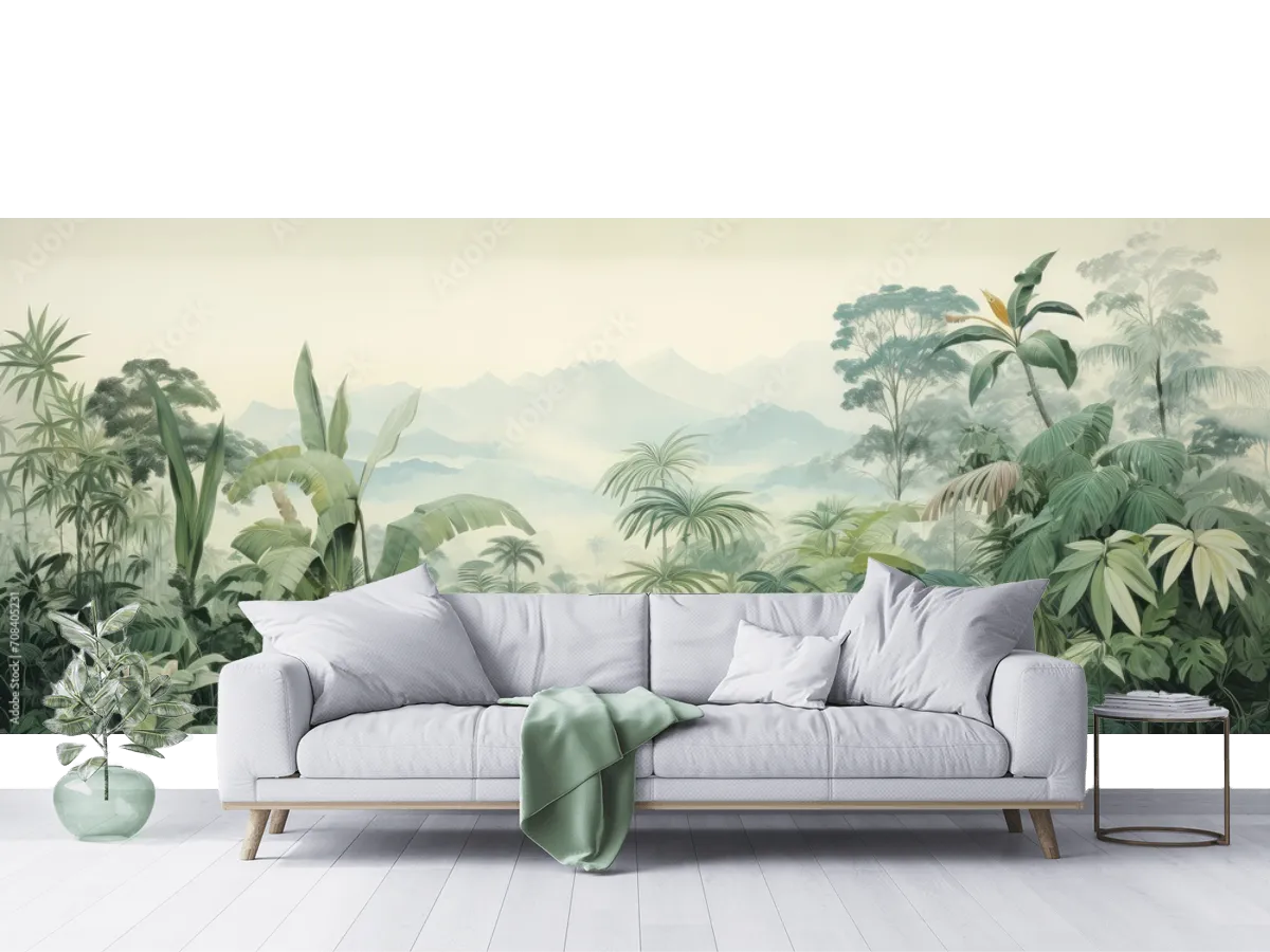 Mural Selva Neblina Tropical para Sala | Vinil o Papel Tapiz Decorativo