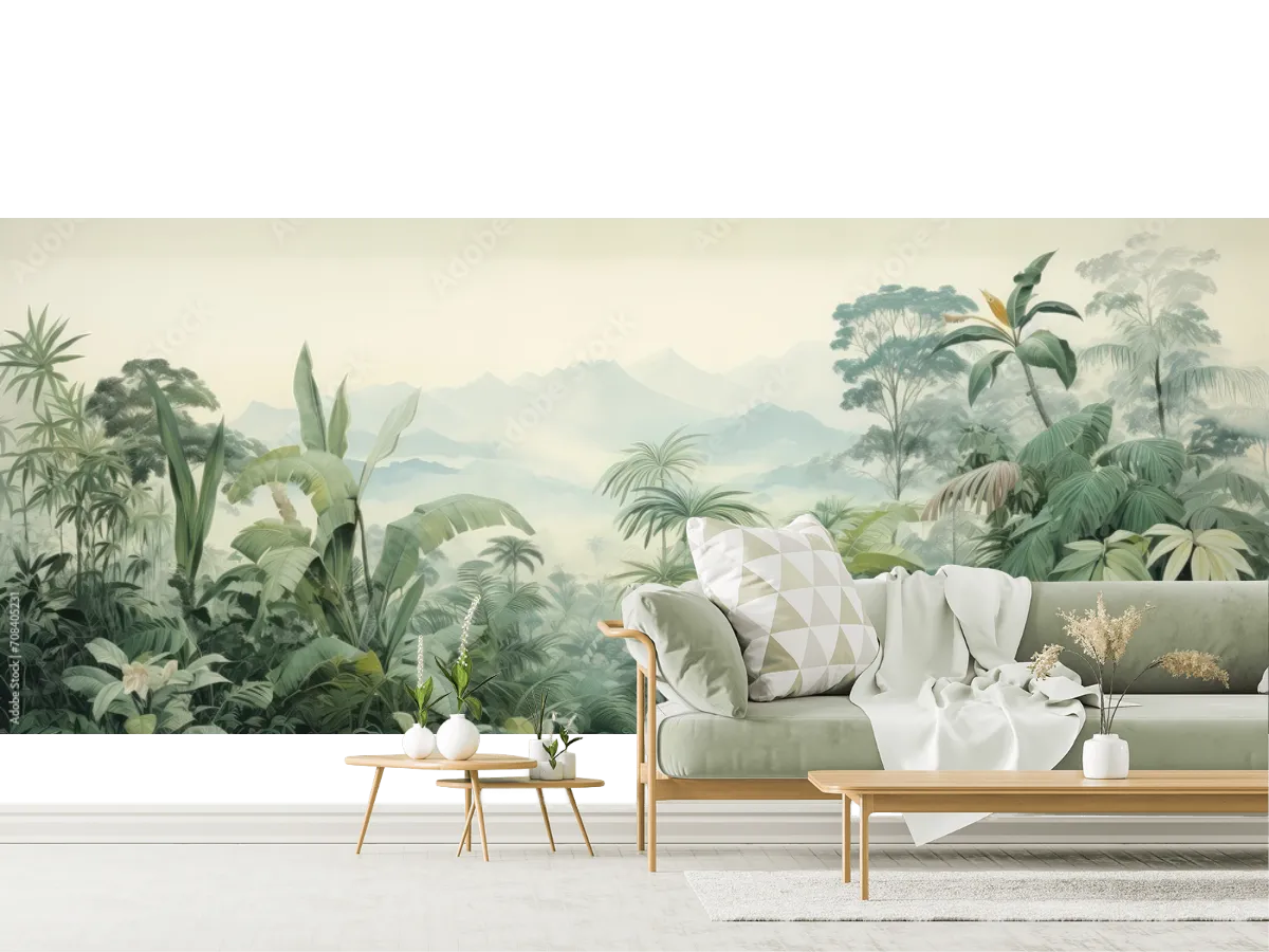 Mural Selva Neblina Tropical para Sala | Vinil o Papel Tapiz Decorativo
