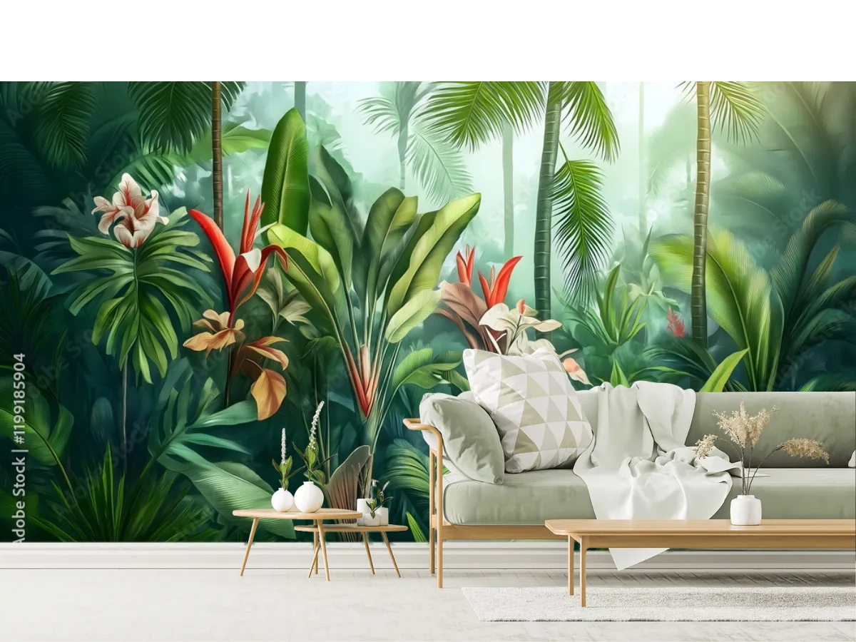 Mural Bosque Tropical Encantado para sala, Vinil Arquitectónico o Tapiz