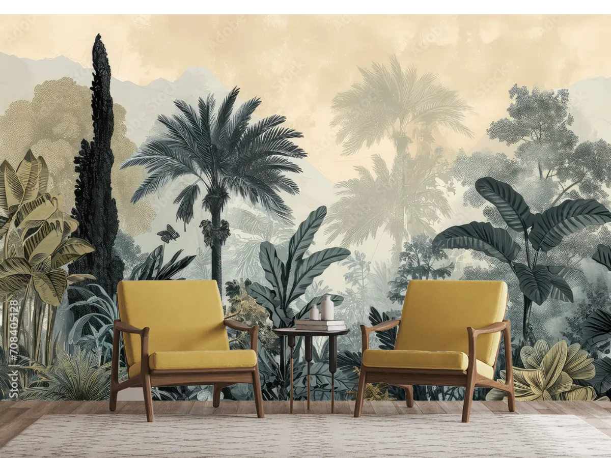 Mural Oasis Tropical Neblina – Fotomural para Decoración de Sala en Vinil Arquitectónico