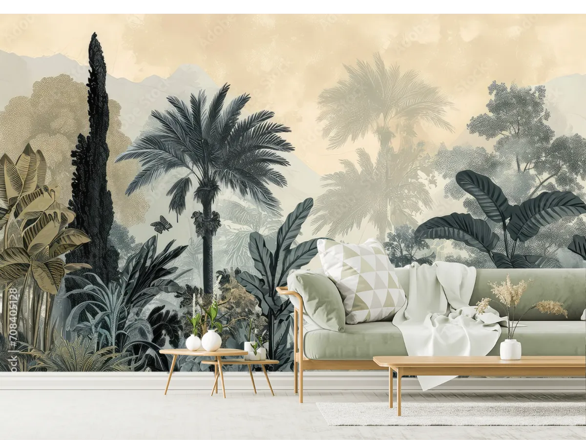 Mural Oasis Tropical Neblina – Fotomural para Decoración de Sala en Vinil Arquitectónico