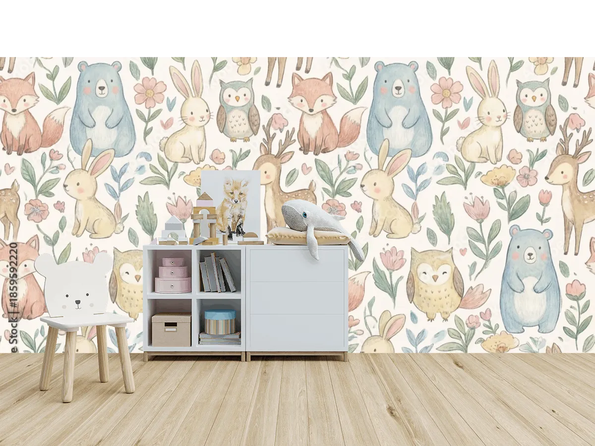 Mural Animales del Bosque Encantado para Decoración Infantil, Papel Tapiz o Vinil