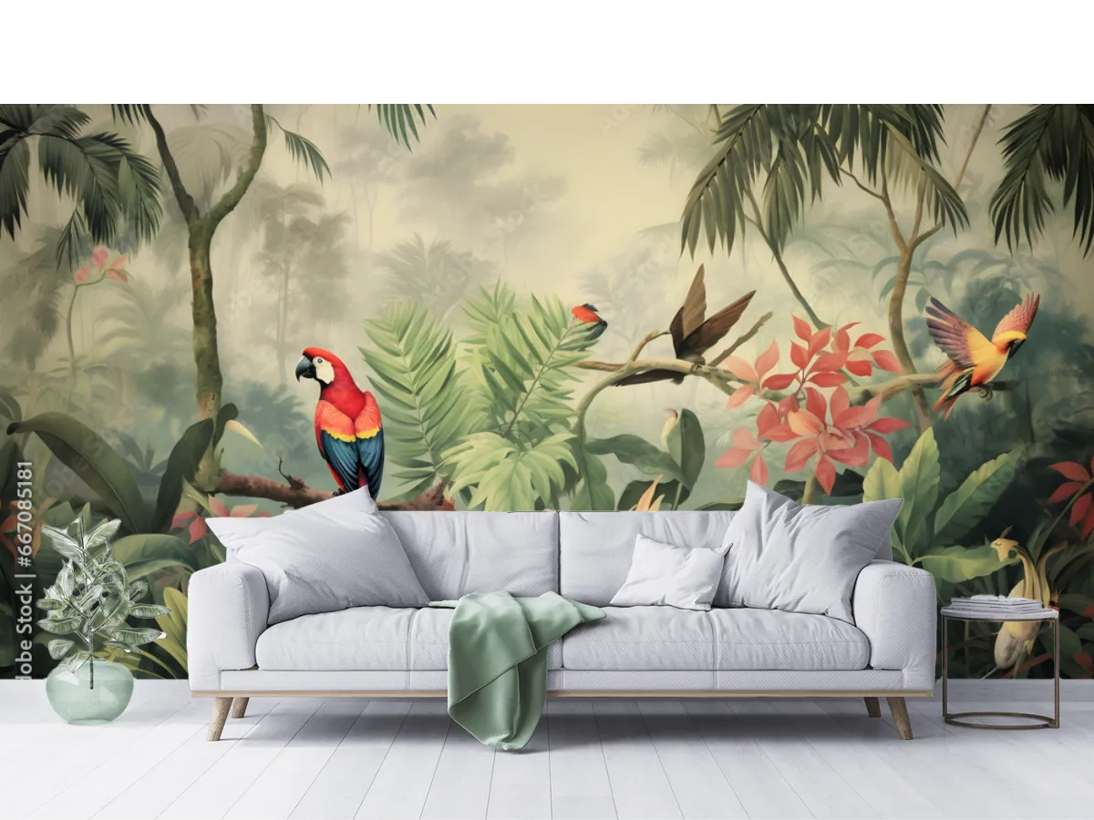 Mural Bosque Tropical Aves Exóticas Vinil Arquitectónico o Papel Tapiz