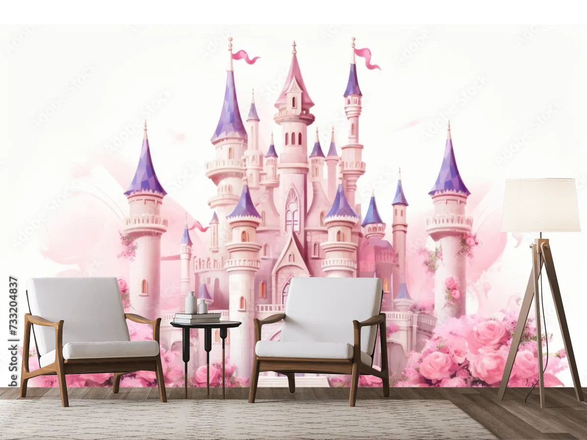 Mural Castillo de Ensueño Rosas Pink para Niñas | Fotomural Decorativo Infantil