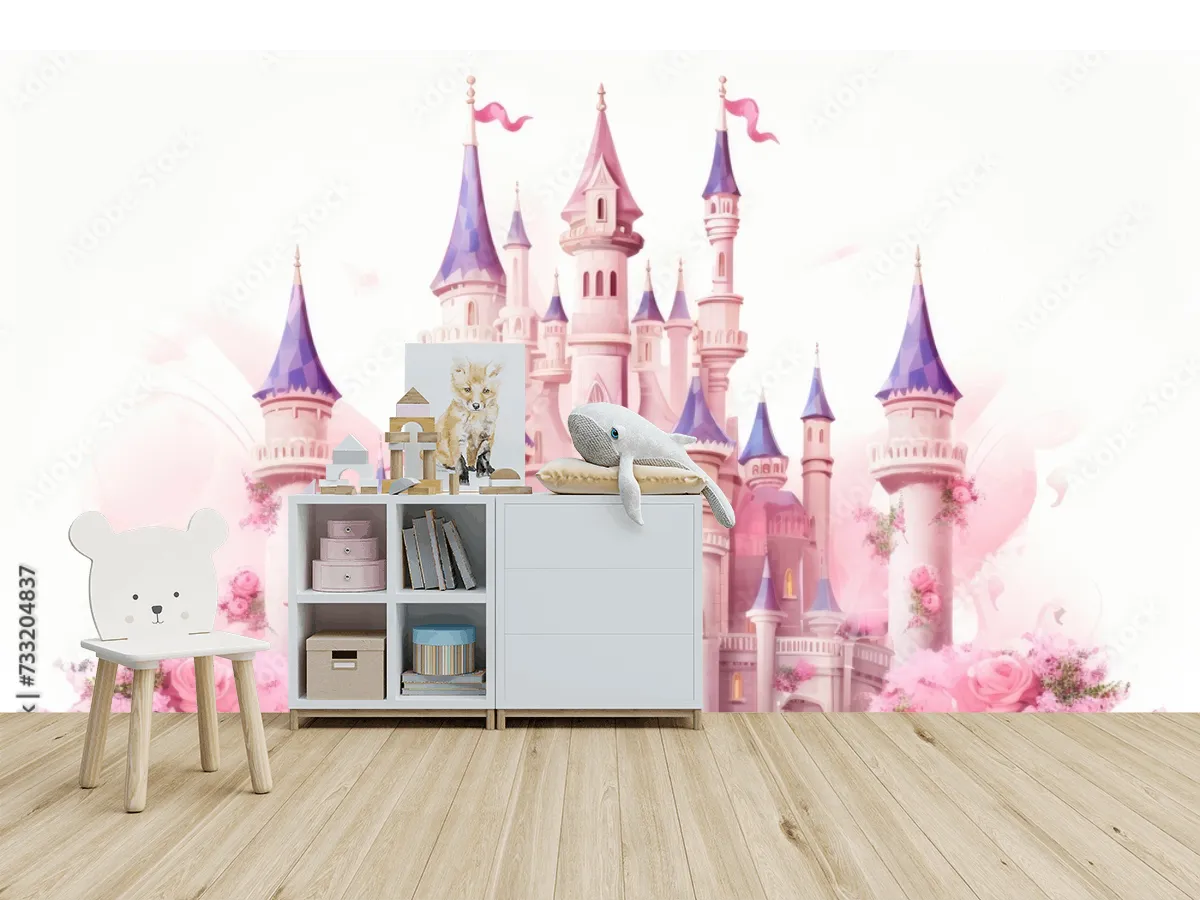Mural Castillo de Ensueño Rosas Pink para Niñas | Fotomural Decorativo Infantil