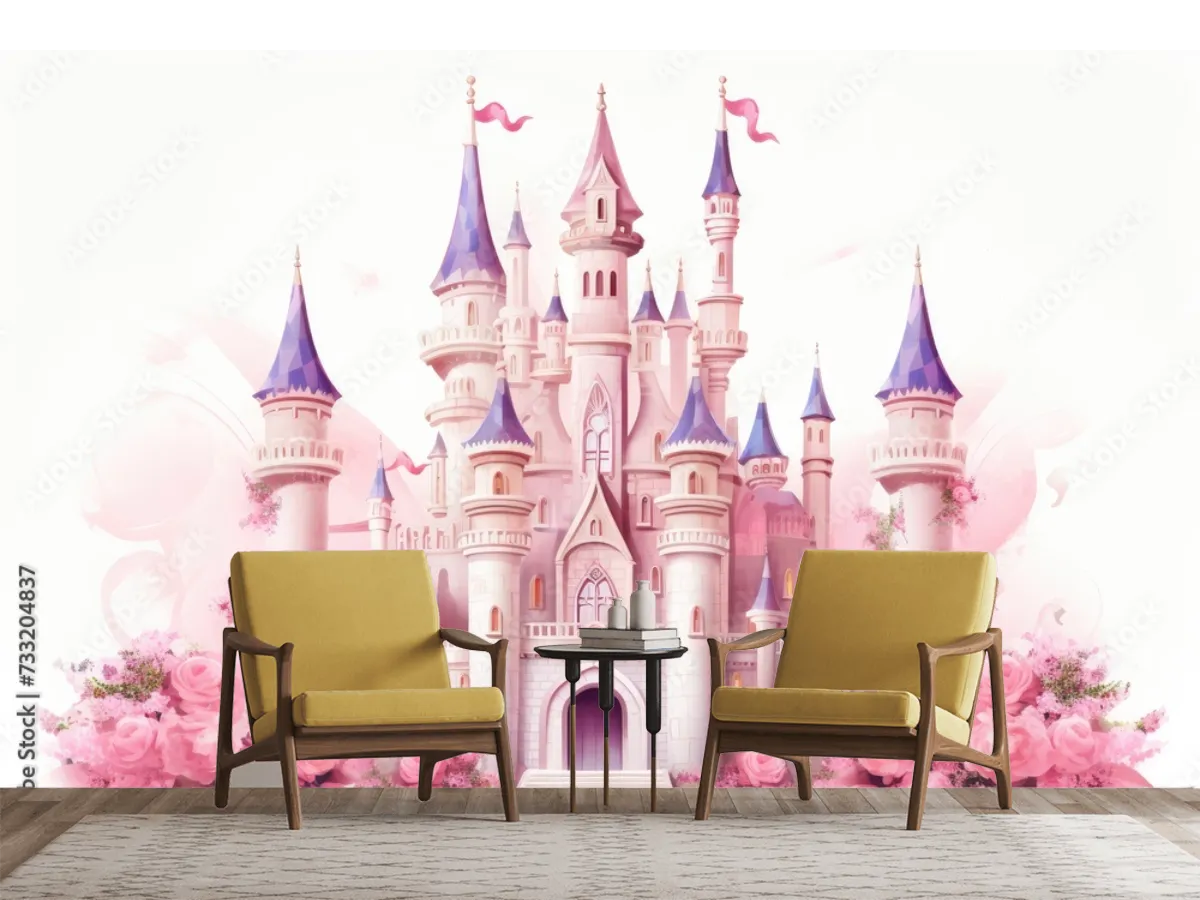 Mural Castillo de Ensueño Rosas Pink para Niñas | Fotomural Decorativo Infantil