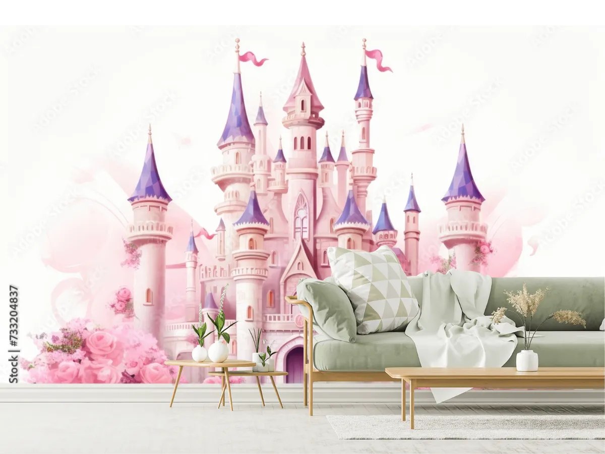 Mural Castillo de Ensueño Rosas Pink para Niñas | Fotomural Decorativo Infantil