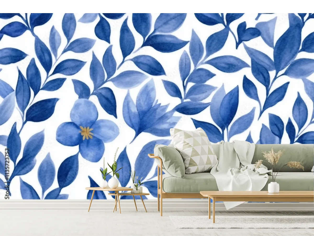 Mural Blue Poética Flores en Vinil/Papel Tapiz Decorativo